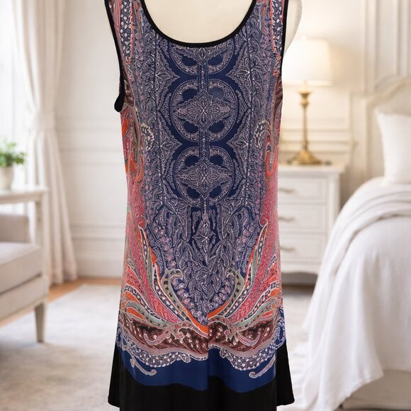 MSK Dresses & Skirts - MSK Sleeveless Paisley Tunic Dress Size Large Navy Coral Boho Shift
